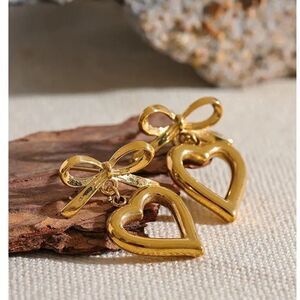 Dainty Golden Bow Heart Love Hollow Drop Earrings
